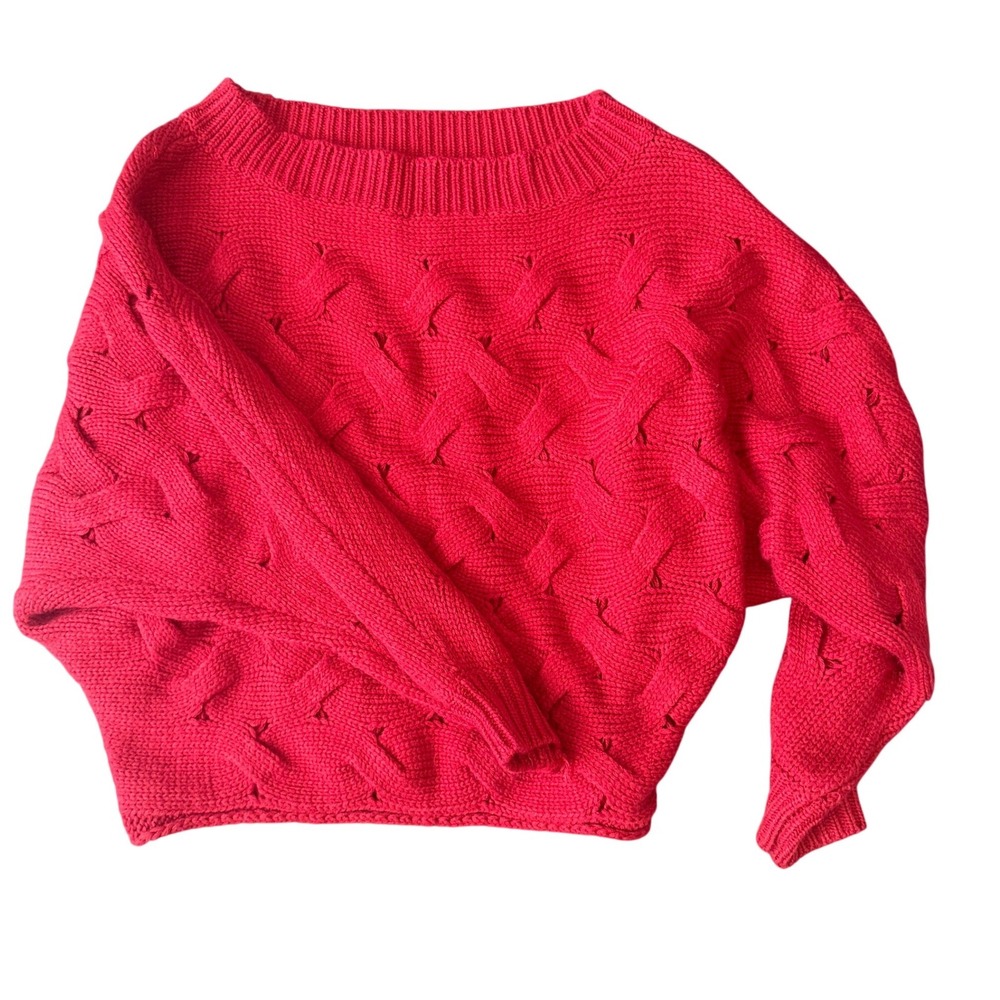 Jodifl Sweater S Red Chunky Cable Knit Boat Neck Dolman Sleeve Boho Slouchy - Picture 2 of 9